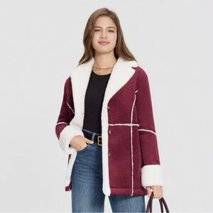 Women's Burgundy and White Shearling Jacket